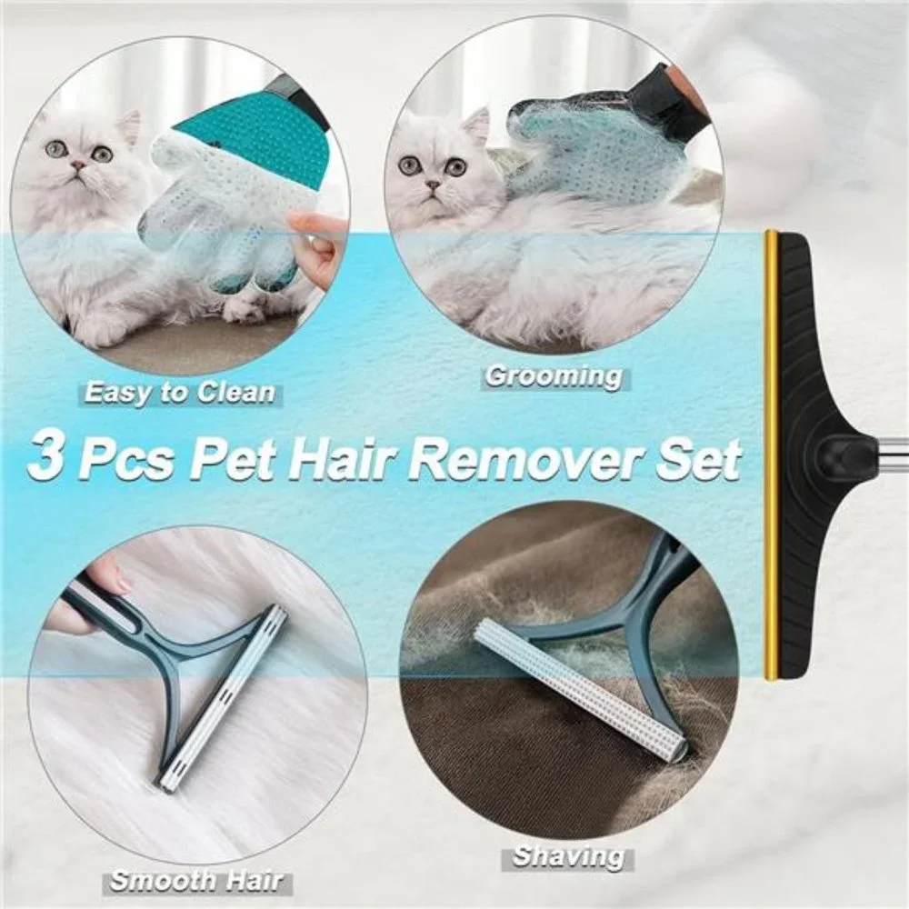 3 PCS Carpet Rake Set for Pet Hair Removal with 60” Adjustable Long Handle